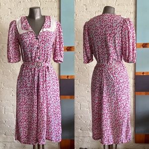 Vintage 80s hot pink floral Jane Schaffhausen belle france midi dress size 6
